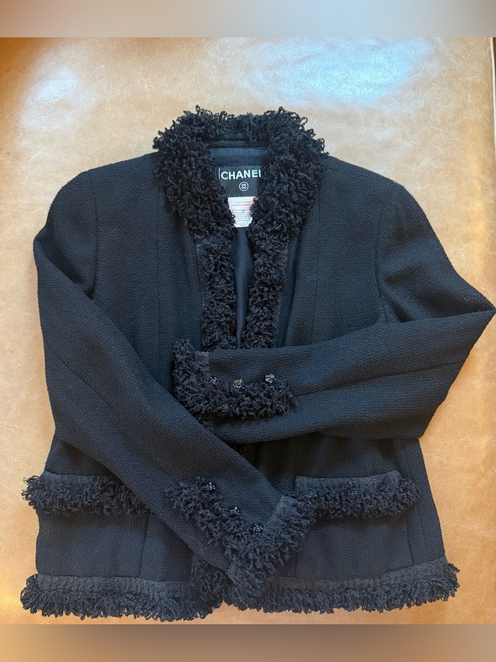 Vintage CHANEL 2003 Black Hook-and-Eye Blazer Camellia Cuffs Size 38